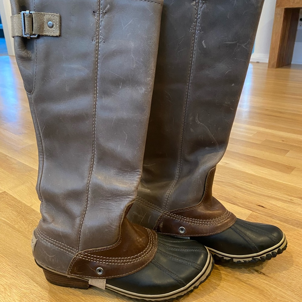 Sorel Slimpack Tall 9 Equestrian Riding Rain Shale Gray/Brown Waterproof